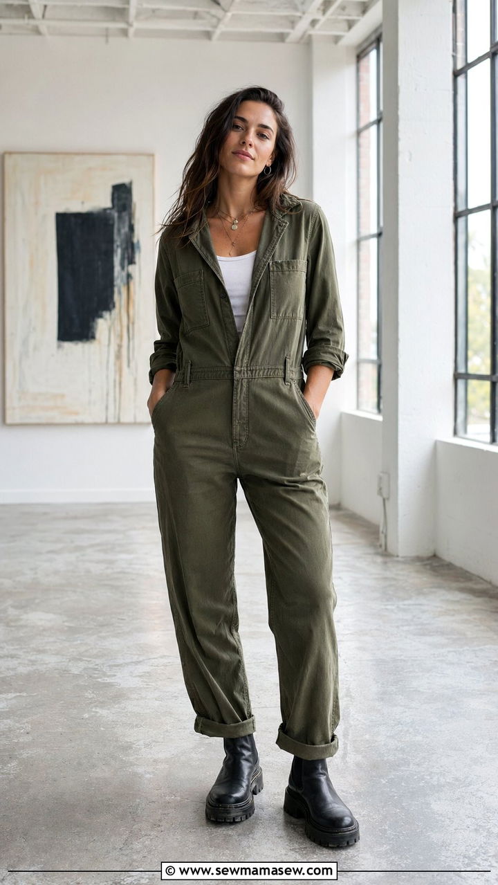 Olive Utility Jumpsuit With a White Tank and Lug Sole Boots - 30 Austin outfit ideas