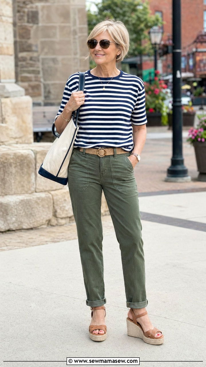 Olive Utility Pants with a Striped Tee and Wedges - 35 Petite outfit ideas for women over 50