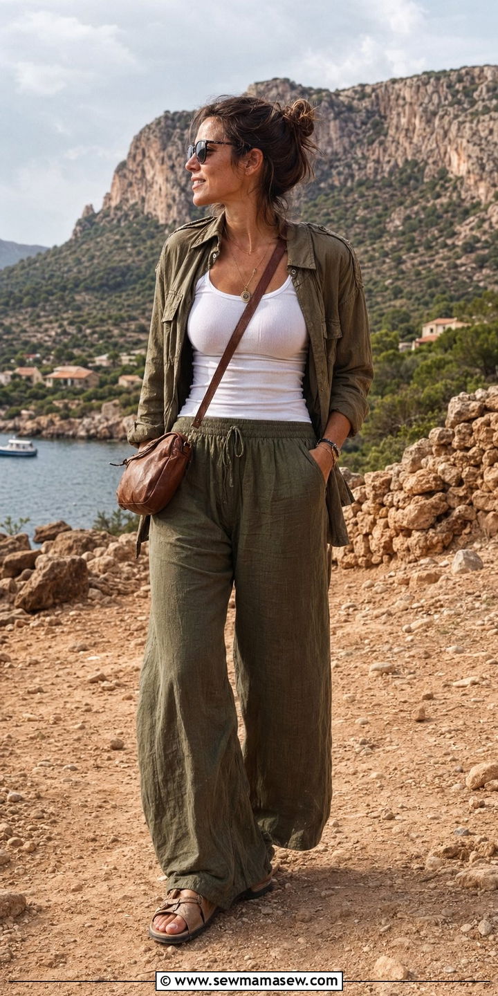 Olive Wide Leg Linen Pants With Utility Jacket And Chunky Sandals - 30 Wide leg linen pants outfit ideas for summer