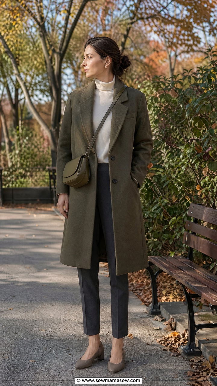 Olive Wool Coat Over Cream Turtleneck And Cigarette Pants - 35 classy elegant outfits