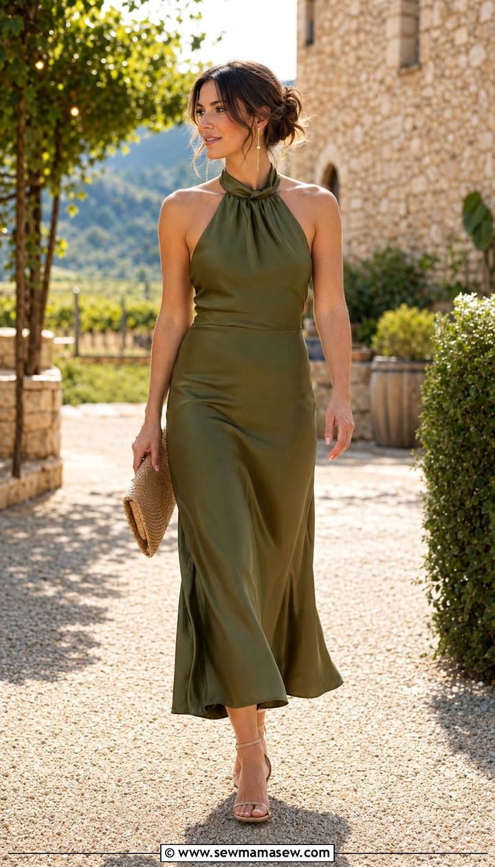 Olive green silk halter dress wedding guest - 35 Quiet luxury outfit ideas for wedding guest