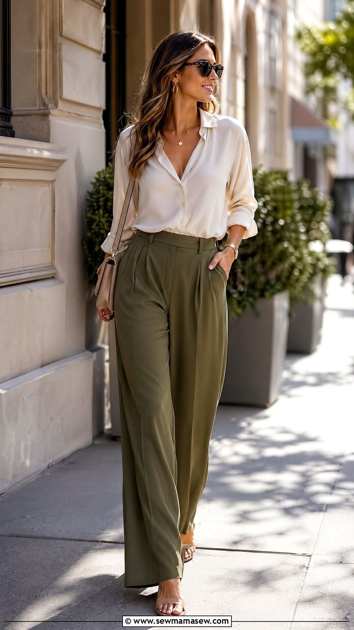 Olive green trousers with a cream blouse - 35 classy outfit ideas for women