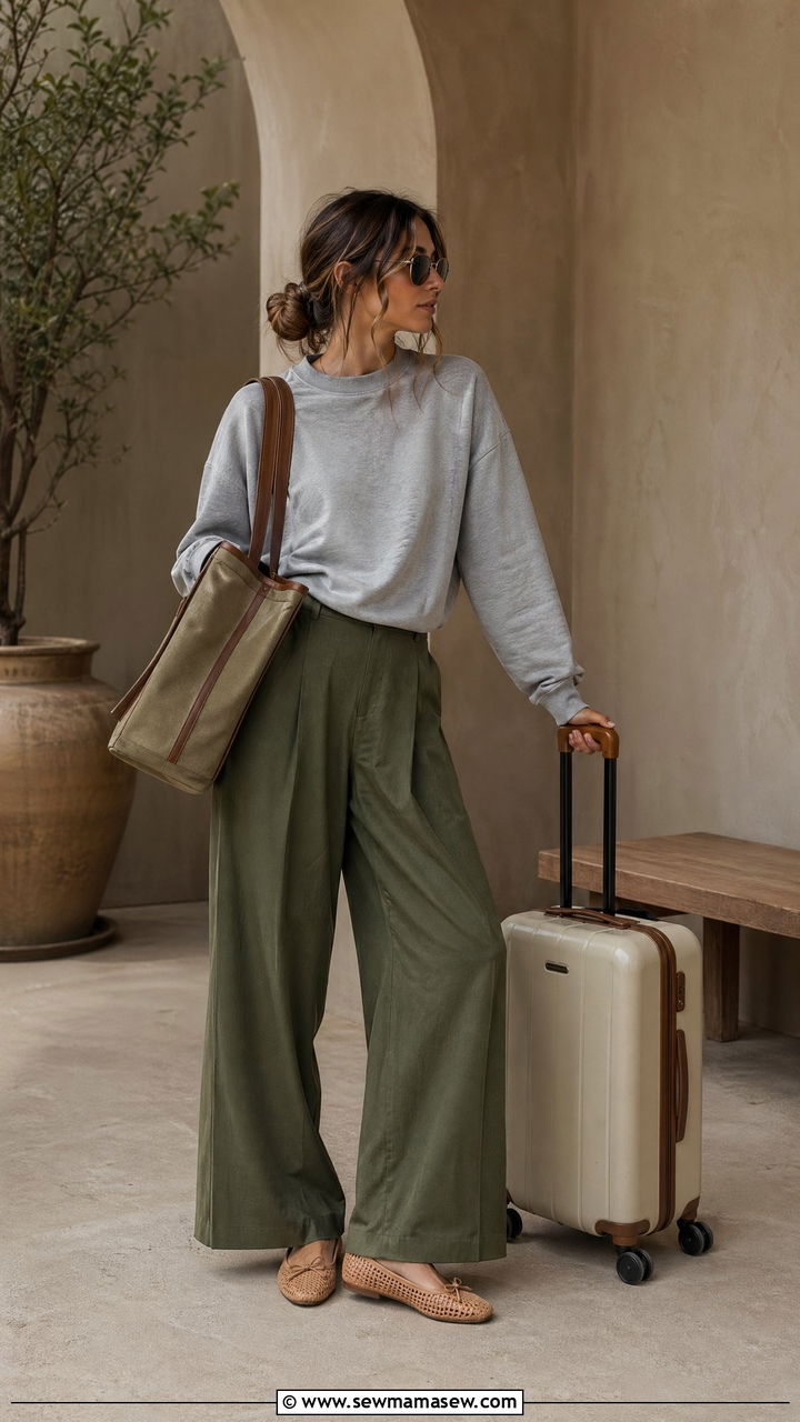 Olive green trousers with gray sweatshirt and ballet flats - 35 classy travel outfit ideas