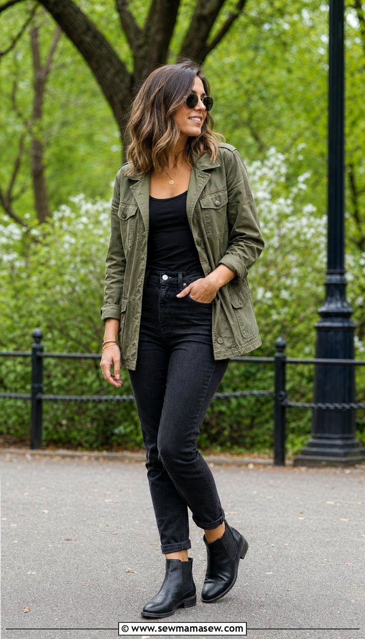 Olive green utility jacket and black jeans - 35 Moody spring outfit ideas