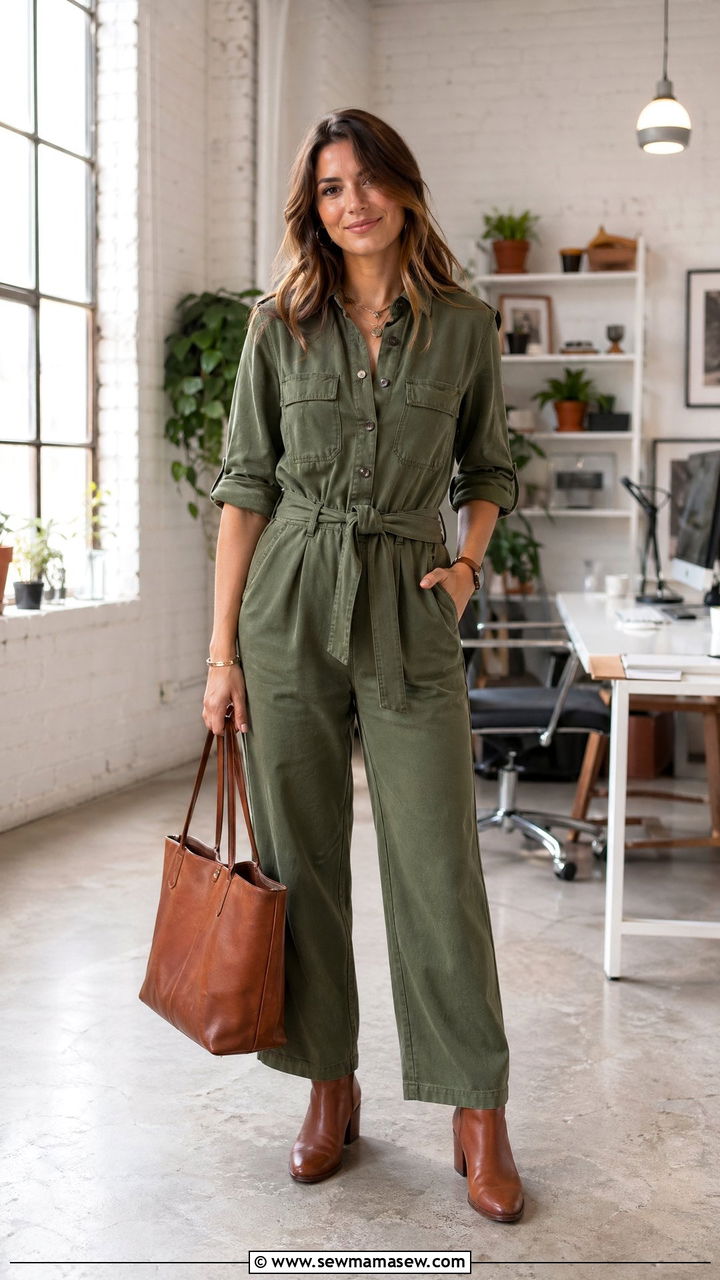 Olive green utility jumpsuit office look - 35 Corporate outfit ideas for women