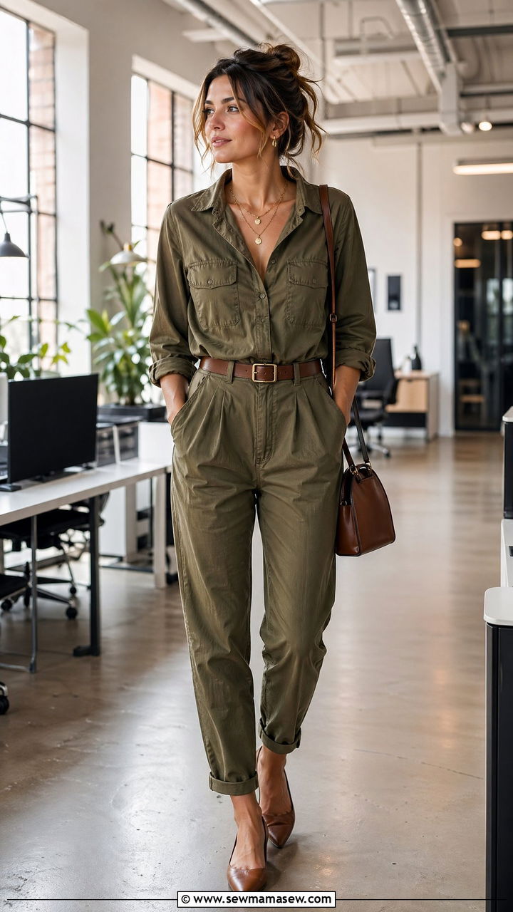 Olive green utility jumpsuit with belt - 35 Summer office outfits