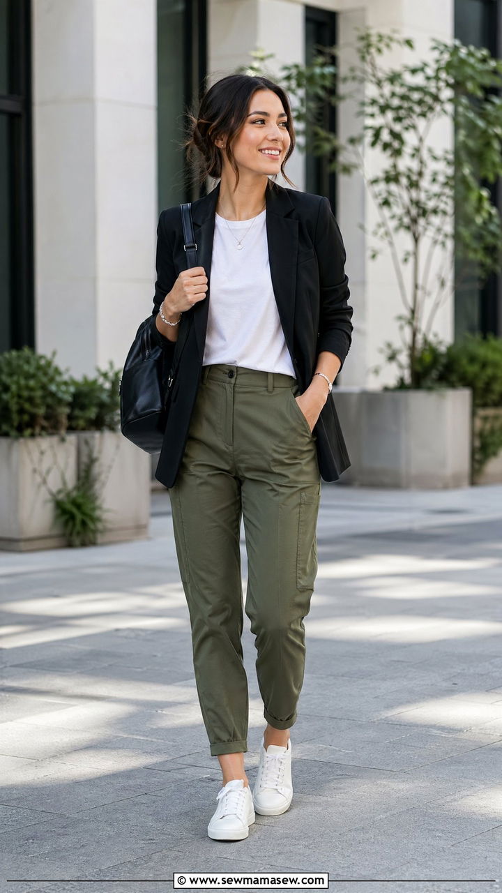 Olive green utility pants with white tee and blazer - 35 classy job interview outfit ideas