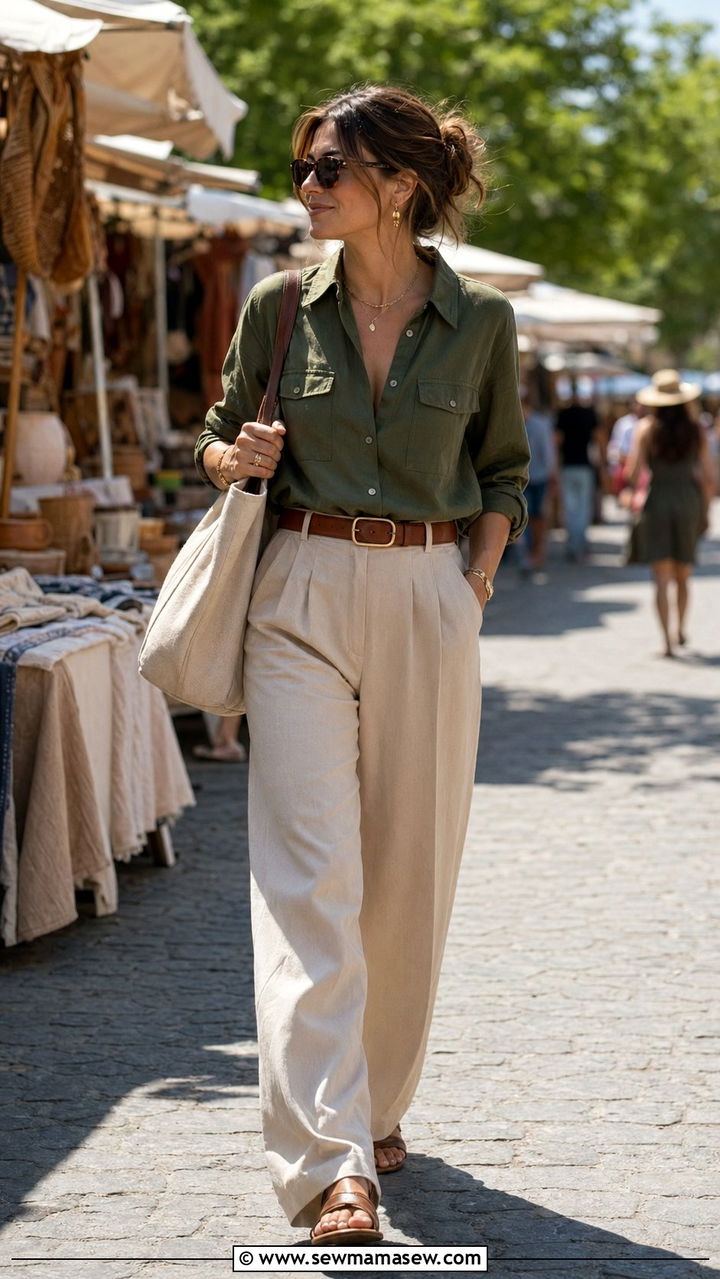Olive green utility shirt with beige wideleg trousers - 35 quiet luxury outfits ideas