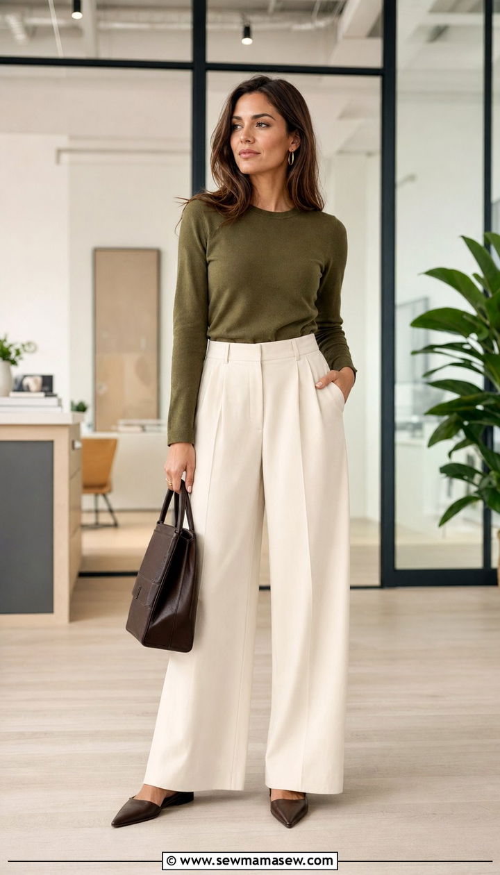 Olive knit top with ivory wide leg trousers - 35 Quiet luxury outfit ideas for work