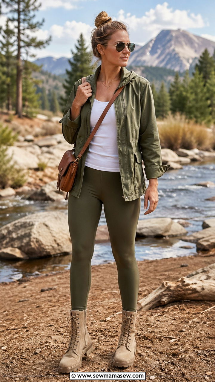 Olive leggings with utility jacket and boots - 30 spring leggings outfit ideas