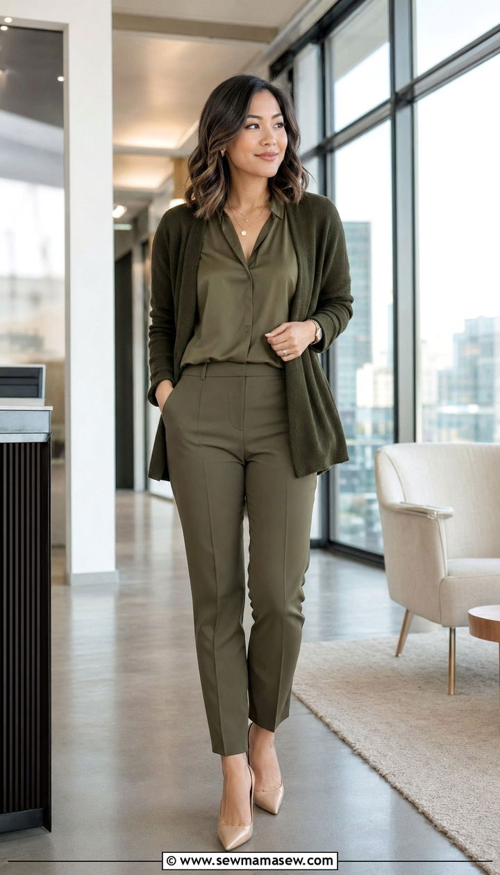 Olive neutral separates with tonal layering - 30 work outfits for short women