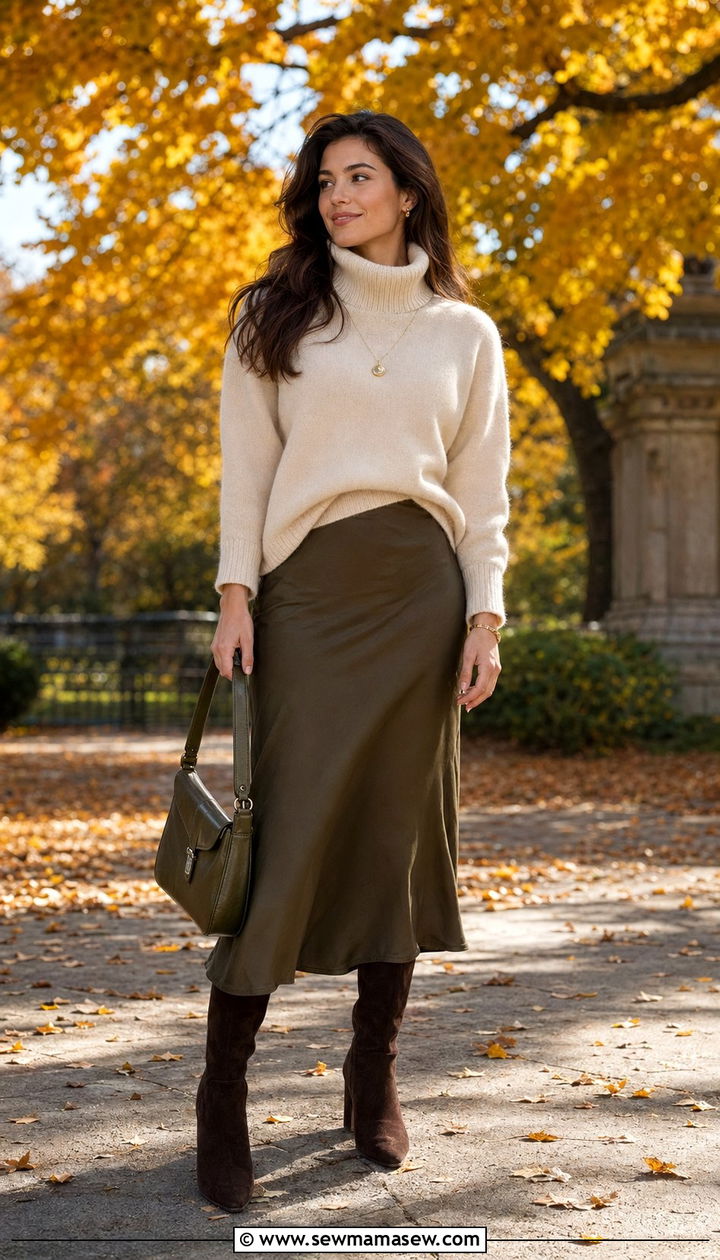 Olive silk midi skirt and cream sweater - 35 quiet luxury outfits for women
