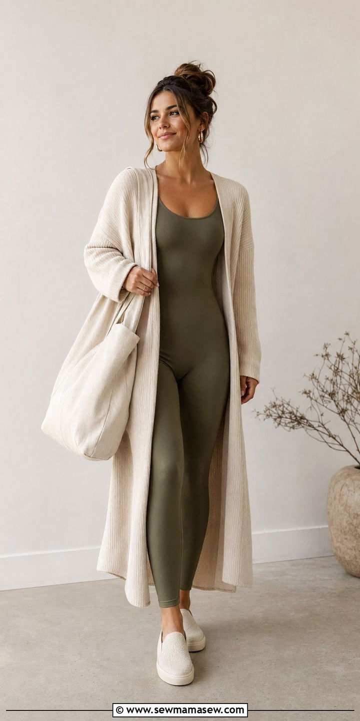 Olive unitard with cream duster - 35 Running outfit ideas 2026