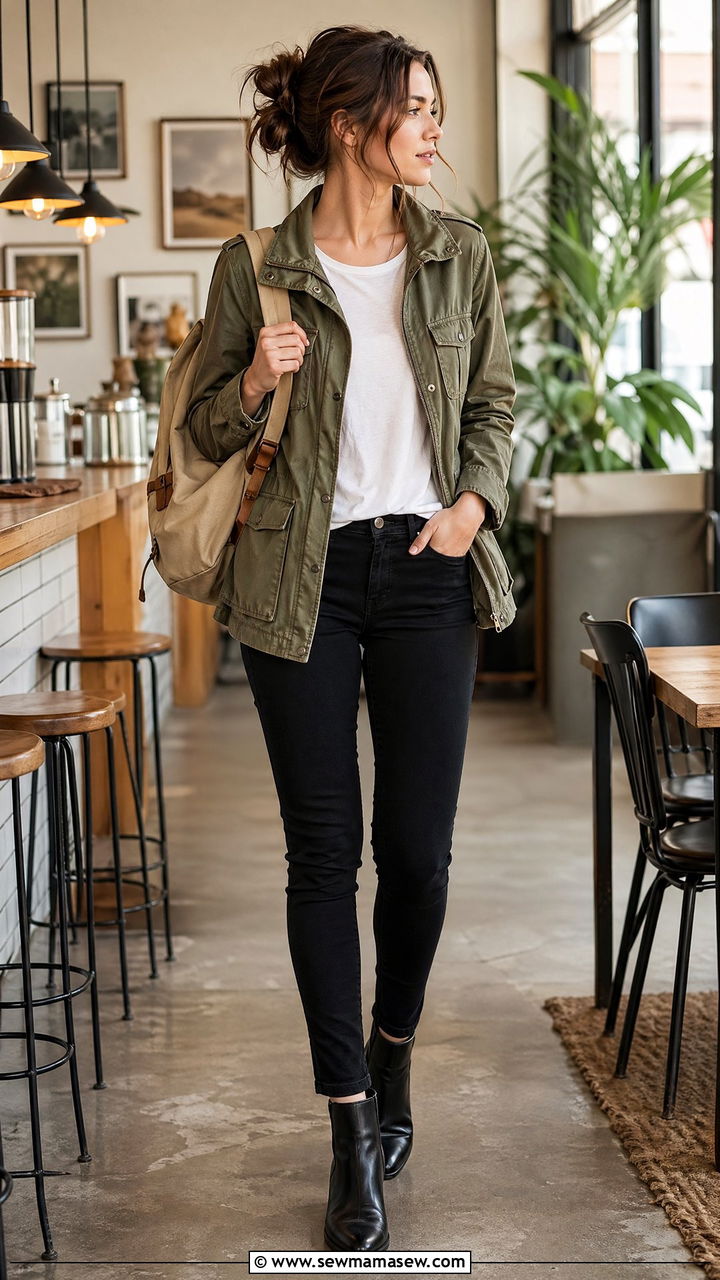 Olive utility jacket layered over a white tee and black skinnies - 35 what to wear to a job interview