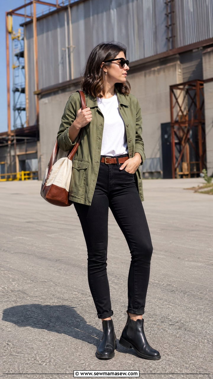 Olive utility jacket with black skinny trousers and flat boots - 35 Consultant outfit ideas