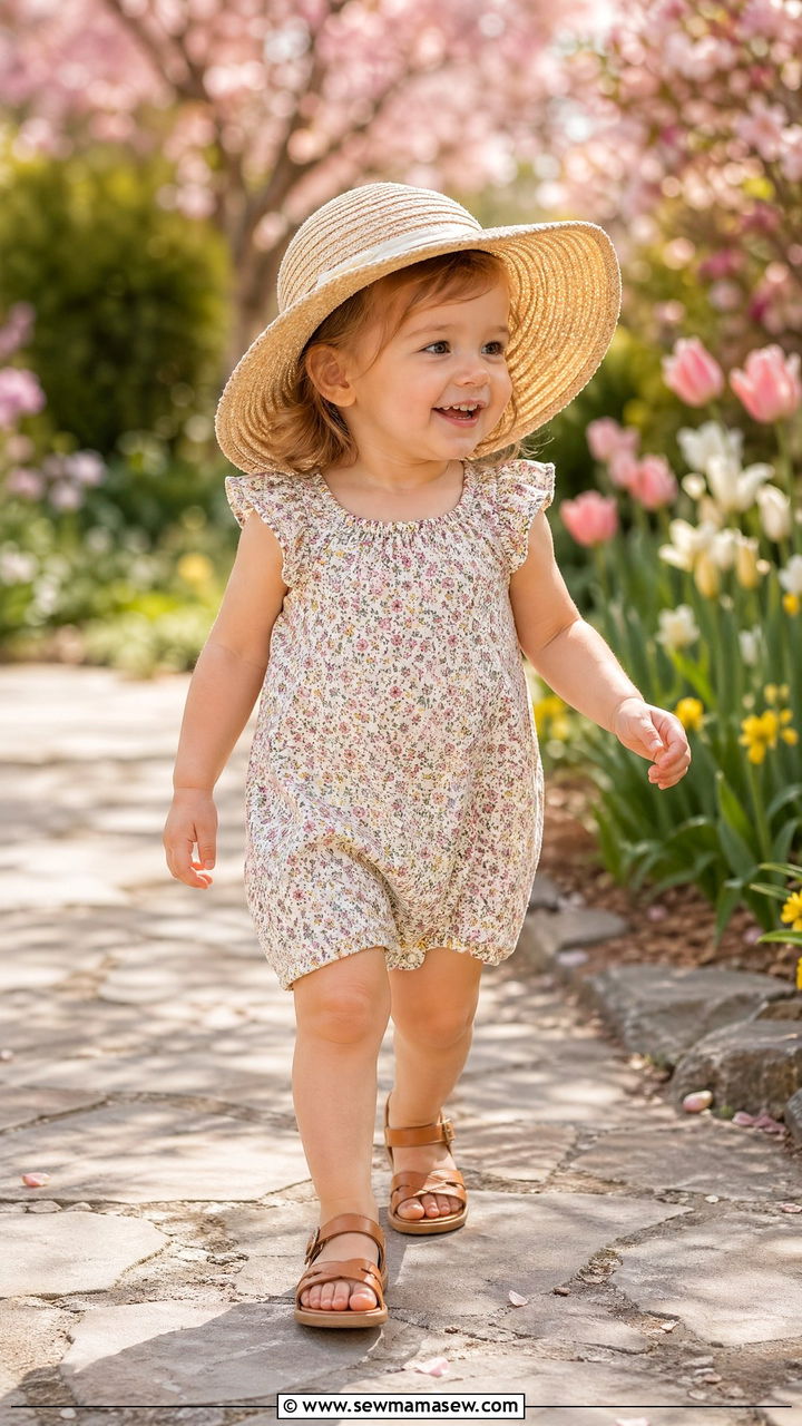 One Piece Romper with Sun Hat and Soft Sandals - 35 Spring outfits for toddlers