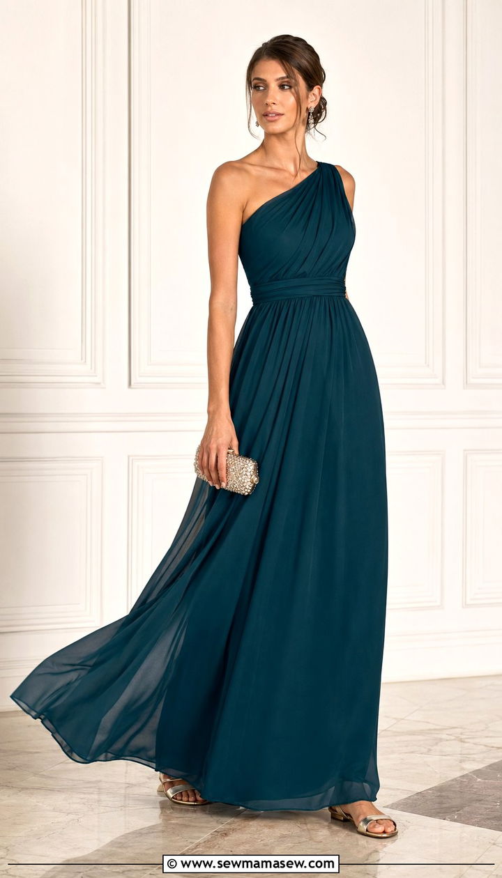 One Shoulder Gown With Metallic Sandals - 30 Wedding guest outfits for hot weather