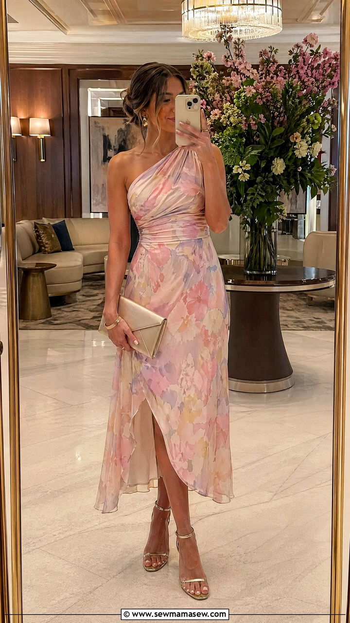 One Shoulder Pastel Dress and Metallic Heels - 35 spring bridal shower outfit ideas