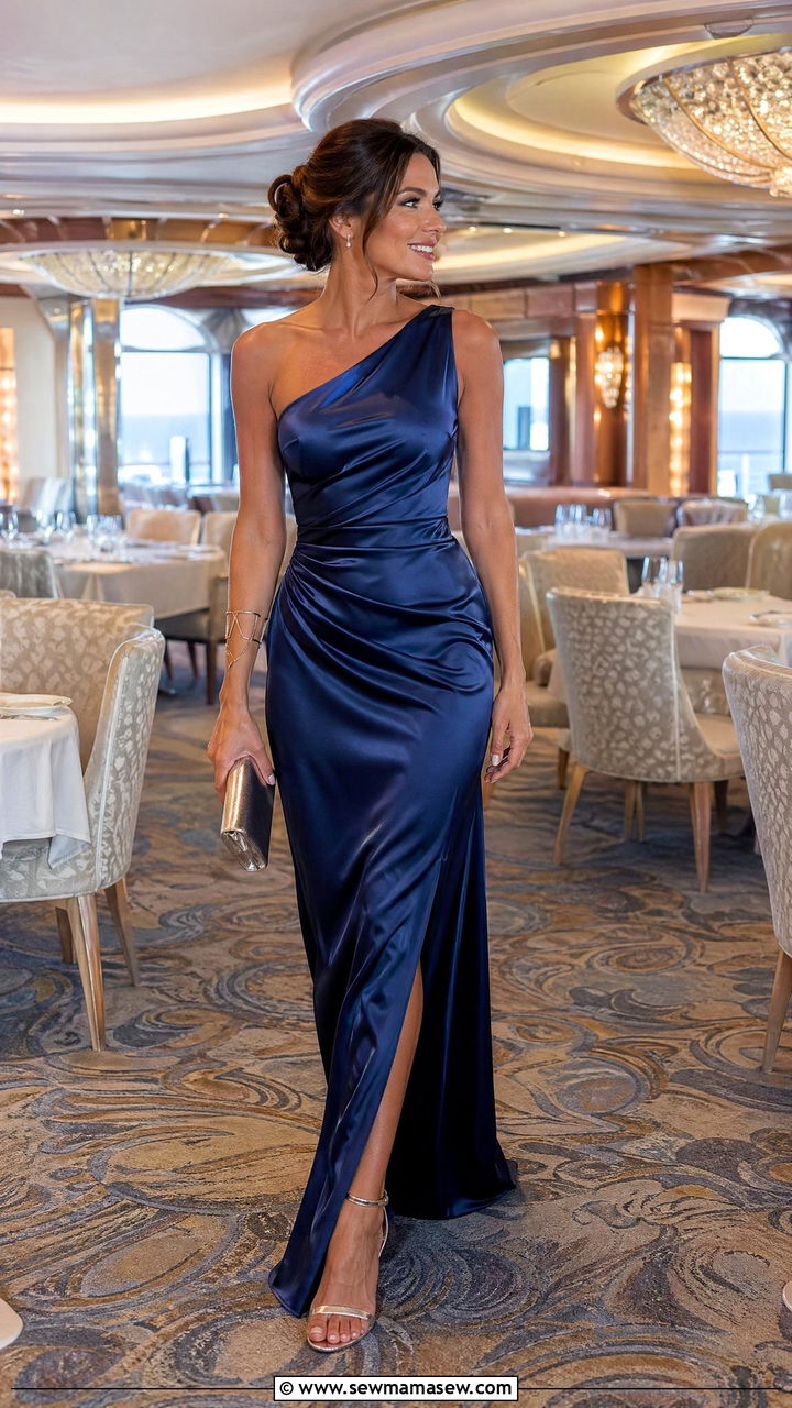 One Shoulder Satin Gown With Heeled Sandals - 35 Cruise dinner outfit ideas