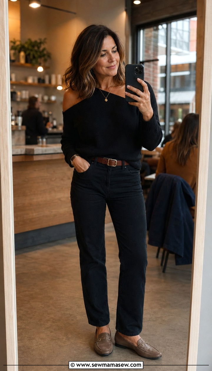 One Shoulder Sweater With Black Jeans - 35 Petite outfit ideas for women over 40