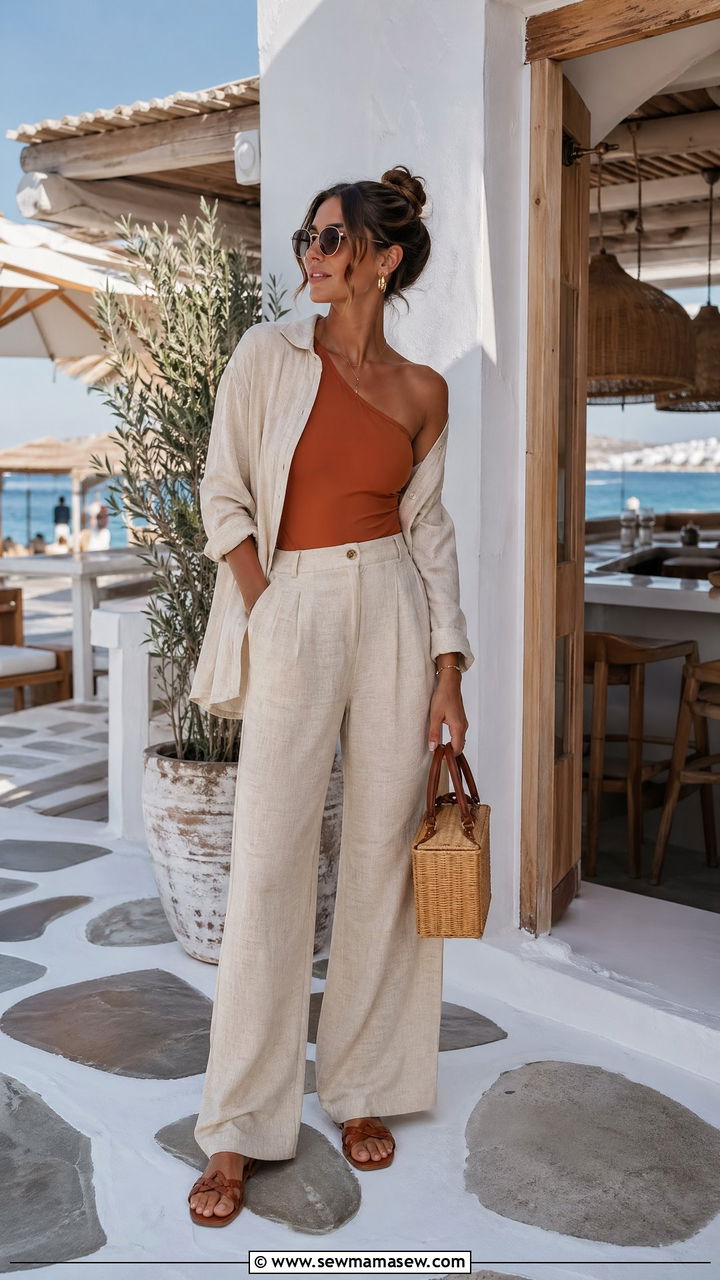 One Shoulder Swimsuit With Linen Cover Up Pants - 35 summer greece vacation outfit ideas