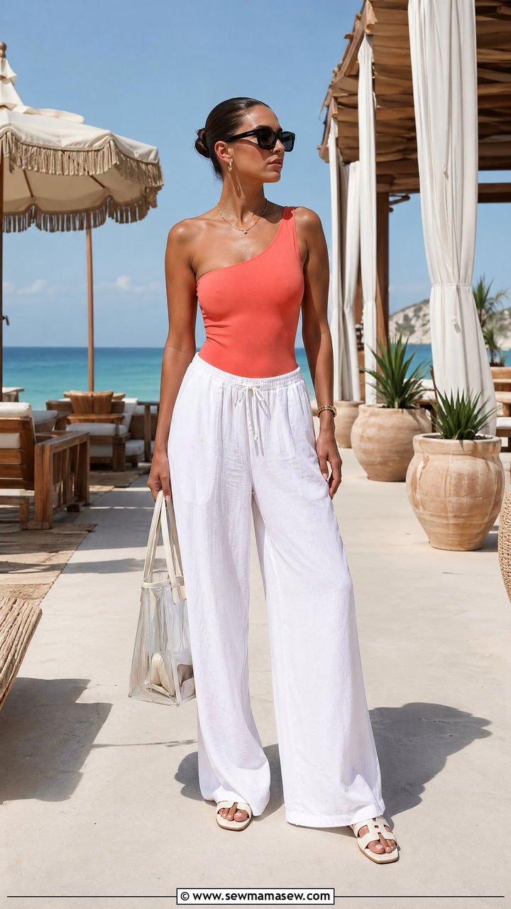 One Shoulder Swimsuit With Wide Leg Linen Pants - 40 vacation outfit ideas for women