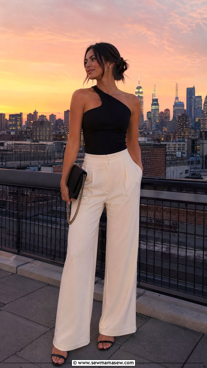 One Shoulder Top and Wide Leg Trousers Concert Outfit - 35 classy concert outfit ideas