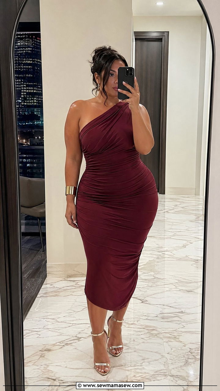One shoulder ruched dress outfit - 35 Curvy girl wedding guest outfits