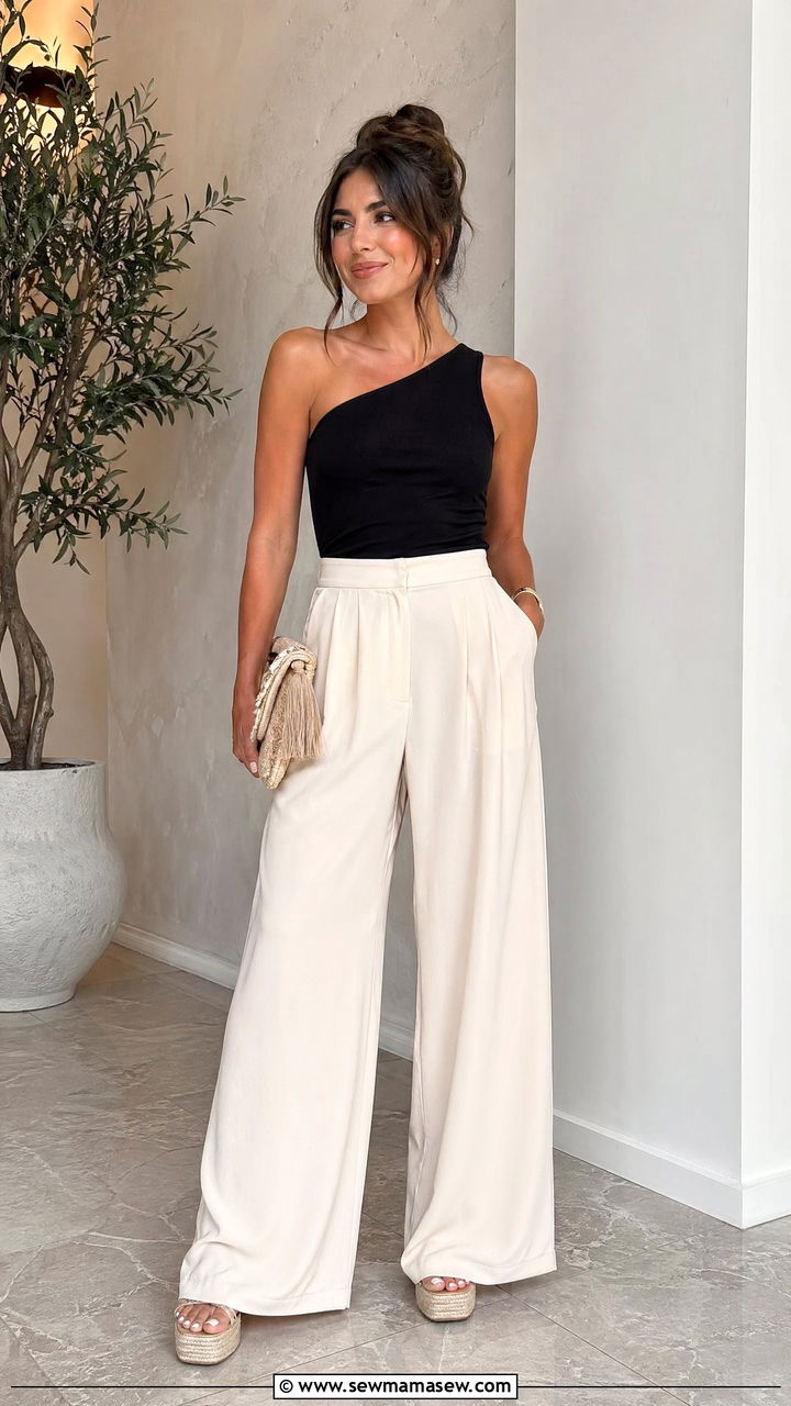 One shoulder top with wide leg palazzo pants and platform espadrilles - 35 spring to summer outfits for women