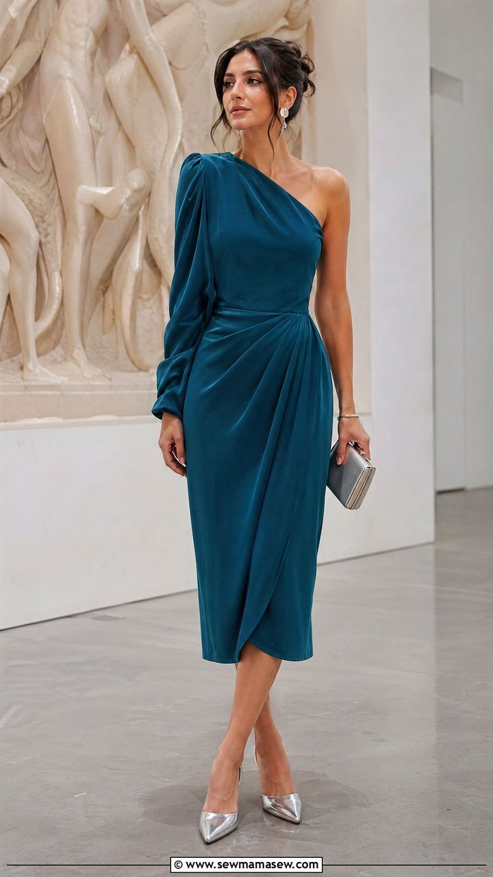 One sleeve draped midi dress and metallic mules - 35 summer wedding guest outfit ideas