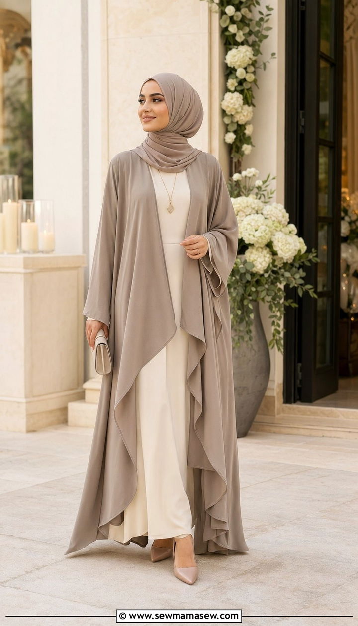 Open Abaya With Inner Dress And Matching Hijab - 30 wedding guest outfits for hijab women