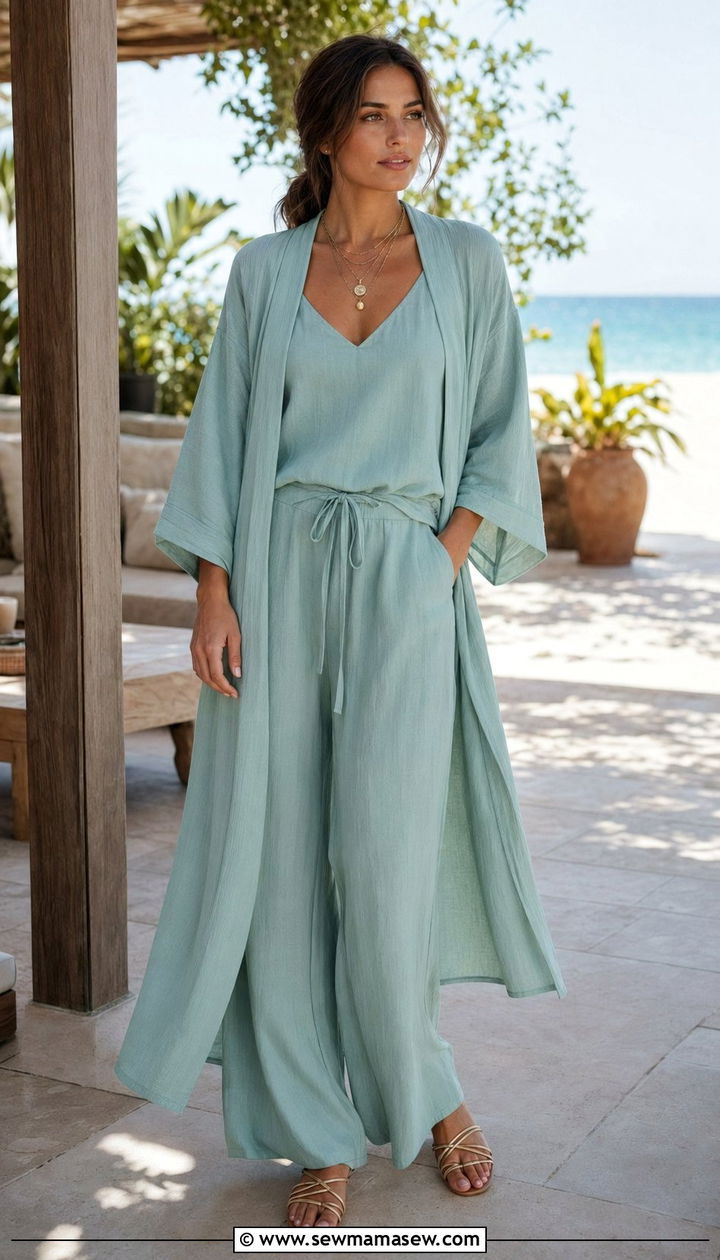 Open Front Beach Robe with Coordinated Camisole and Pants - 30 Beach vacation outfit ideas over 40