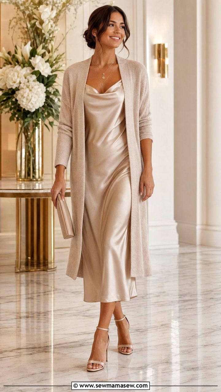 Open Front Cardigan With Slip Dress - 35 Modest outfit ideas for moms