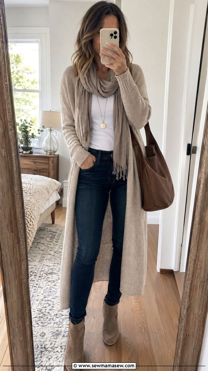 Open Front Duster Cardigan and Tank With Skinny Jeans Outfit - 35 transitional classy outfit ideas