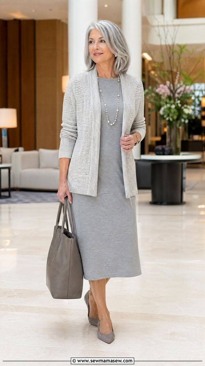 Open Front Jacket with Jersey Midi Dress and Ankle Boots - 35 Spring capsule wardrobe for women over 50