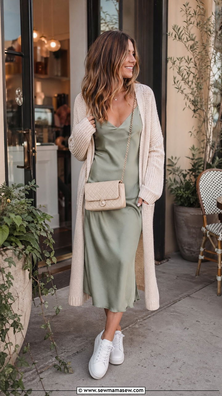 Open Front Long Cardigan with a Slip Dress - 35 spring casual chic outfit ideas
