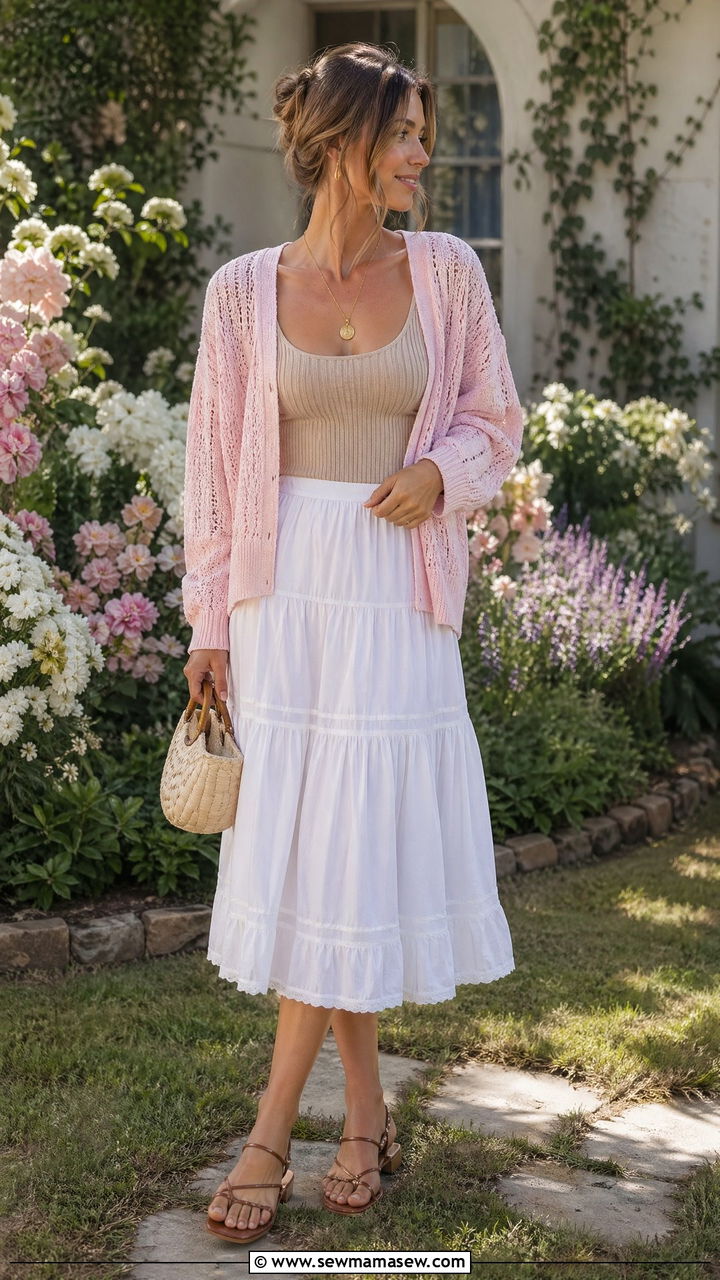 Open Knit Cardigan Over Tiered Cotton Skirt - 35 Cold summer outfits