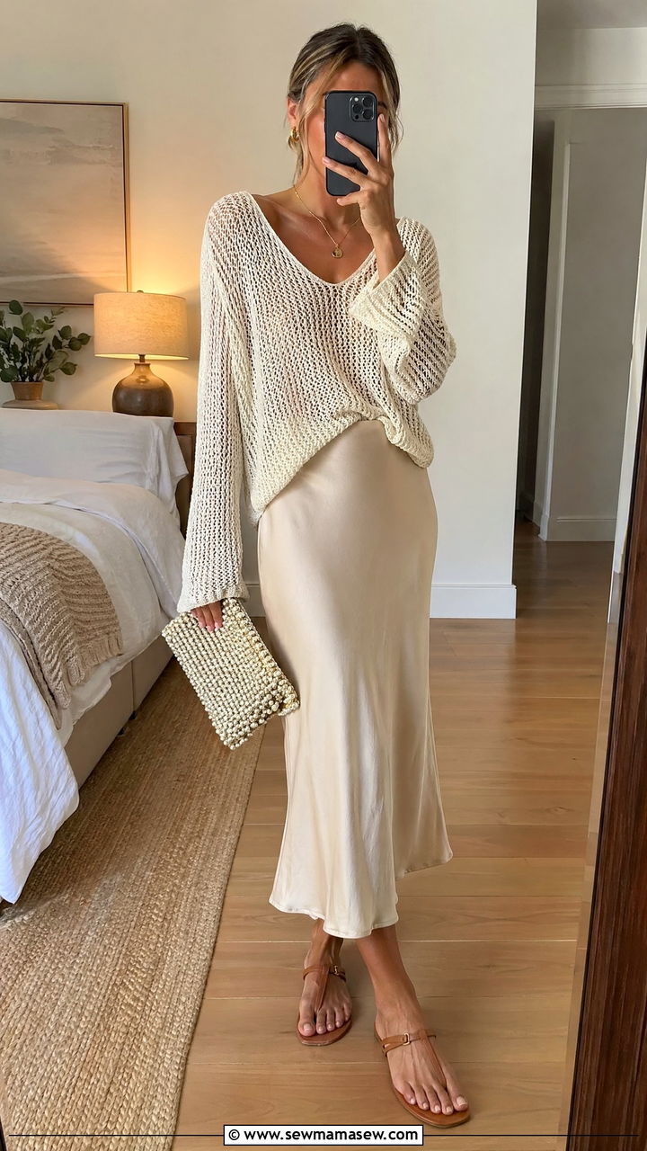 Open Knit Sweater Over Slip Skirt And Sandals - 35 Summer transition outfits