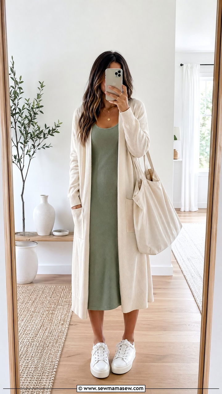 Open cardigan over tank dress - 35 Summer outfits with cardigan