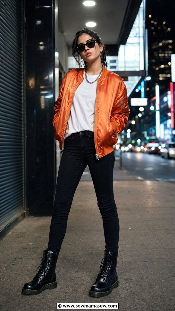 Orange Bomber Jacket With Black Jeans - 35 Orange outfit ideas
