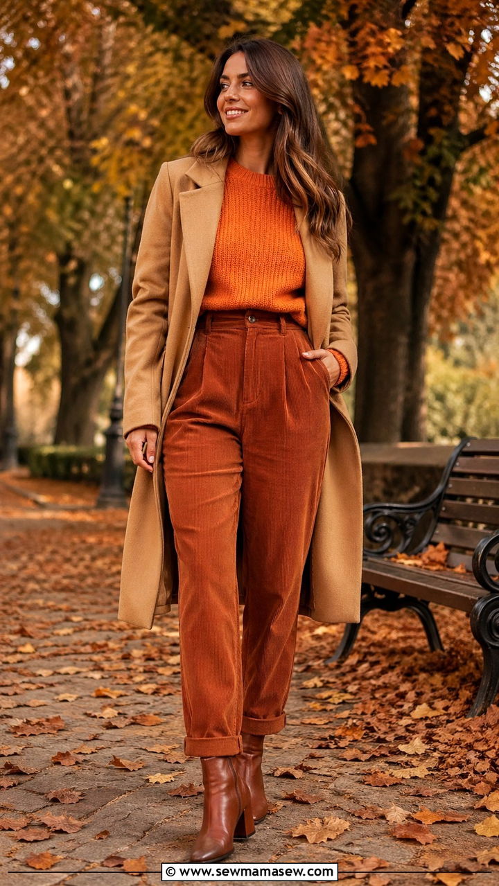 Orange Crew Neck Sweater With Corduroy Pants - 40 All orange outfit ideas