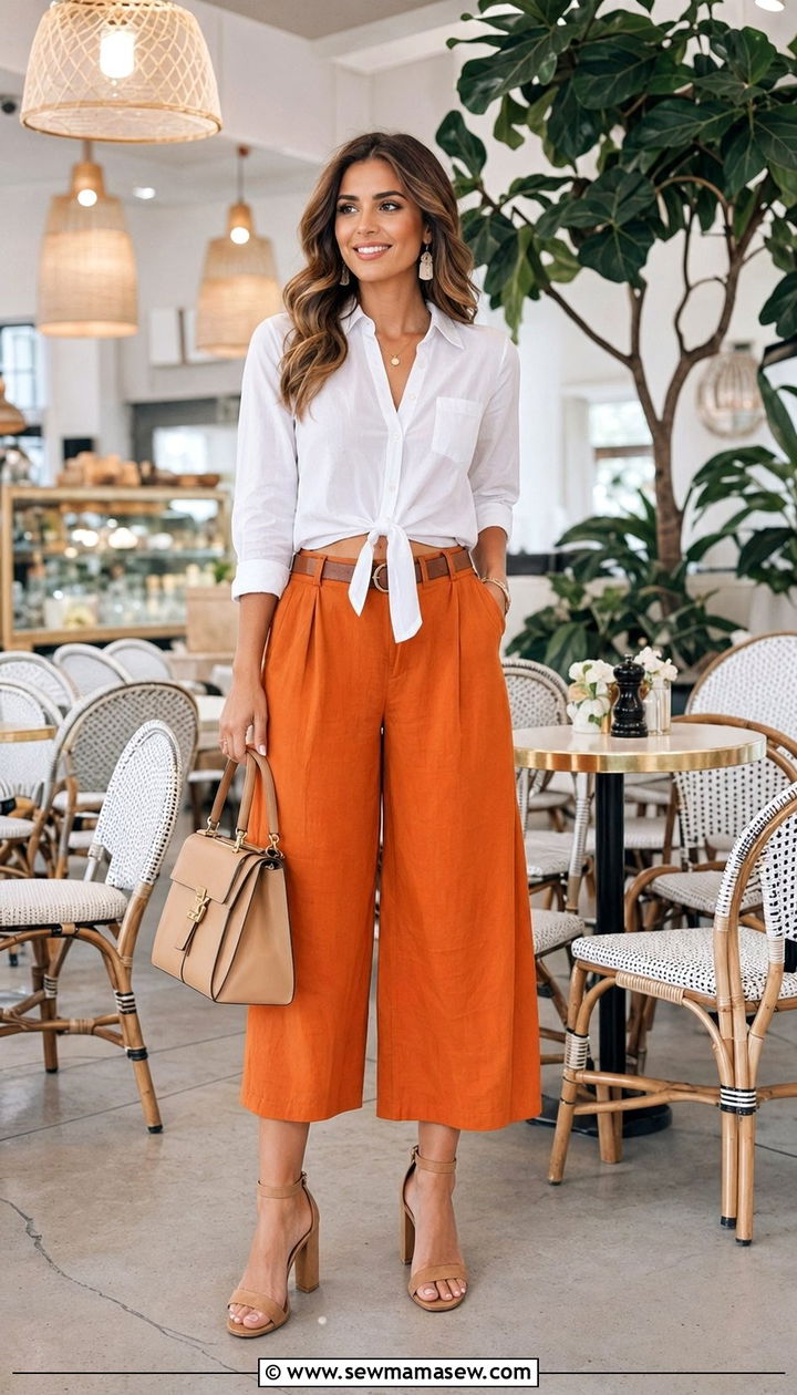 Orange Culottes With a Crisp Button Down - 35 Orange outfit ideas