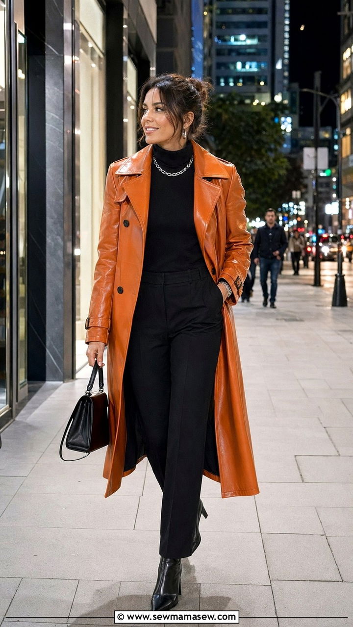 Orange Faux Leather Trench and Ankle Boots - 35 Orange outfit ideas