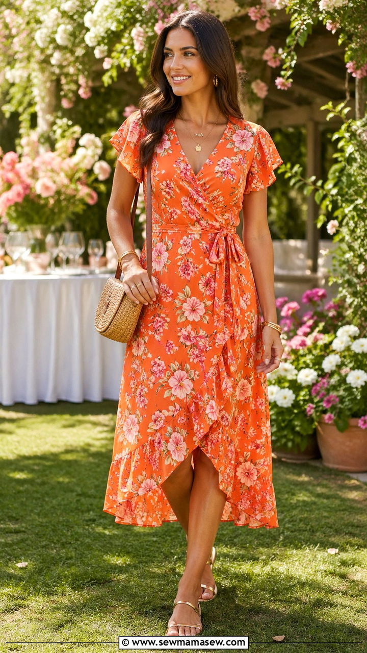 Orange Floral Print Midi Dress With Sandals - 40 All orange outfit ideas