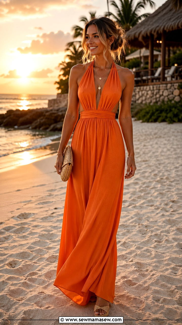 Orange Halter Neck Maxi Dress With Wedges - 40 All orange outfit ideas