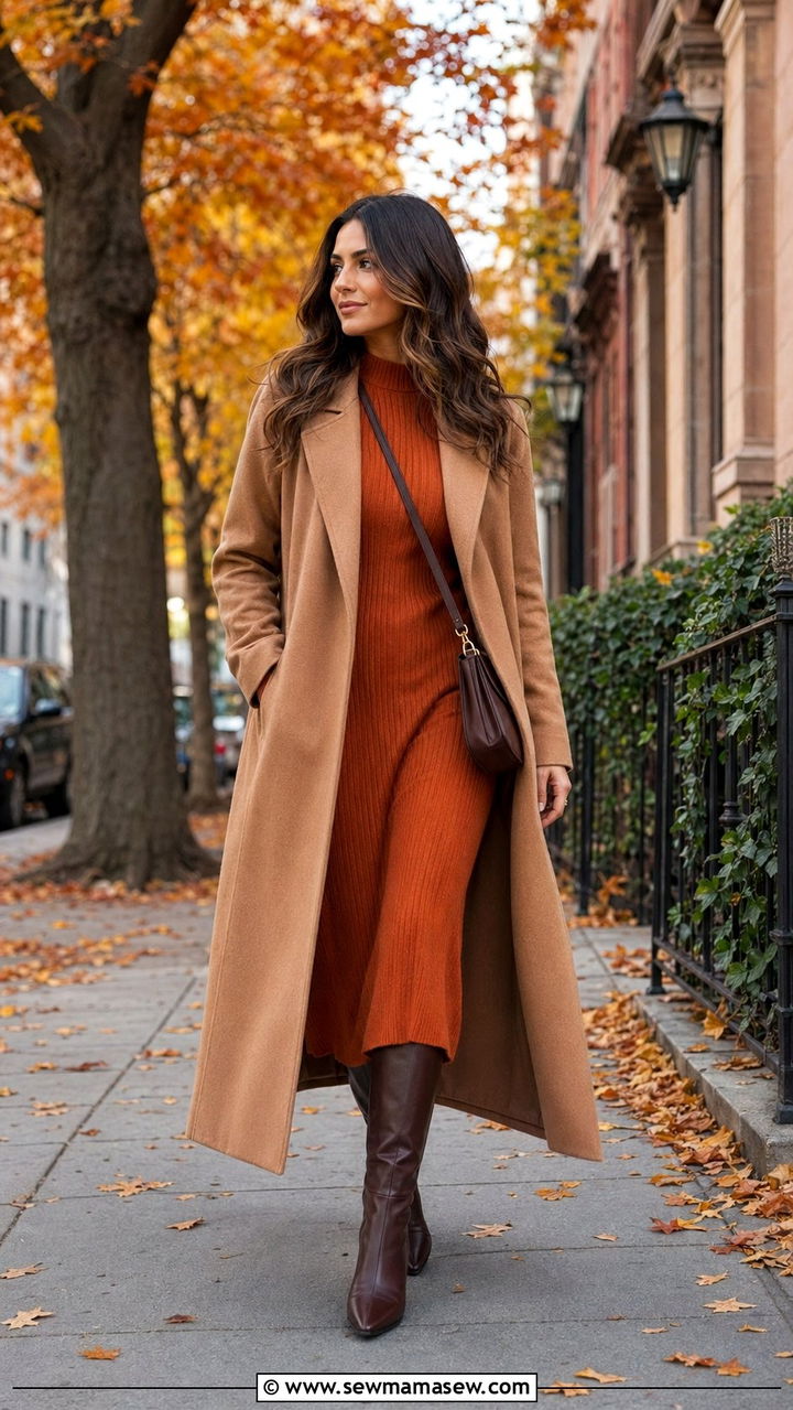 Orange Knit Dress and Knee High Boots - 35 Orange outfit ideas