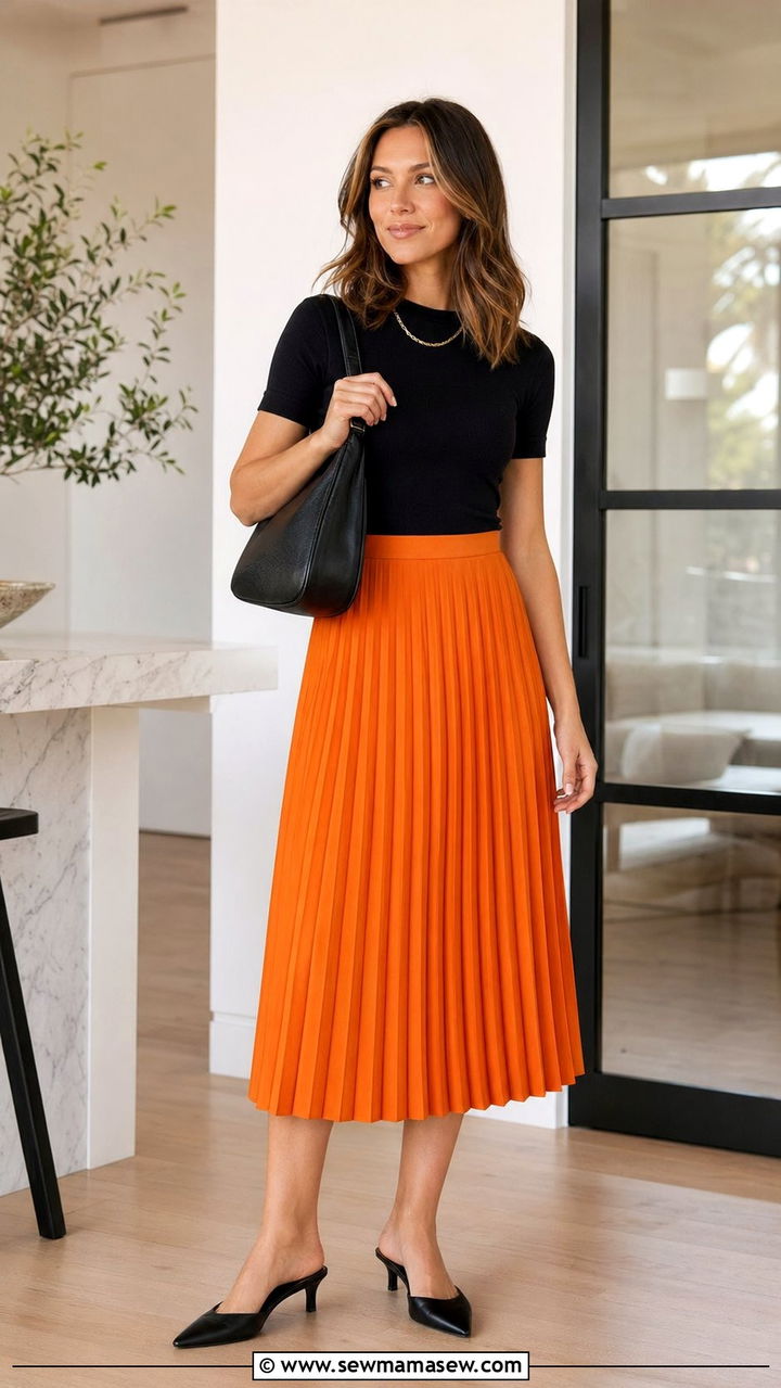 Orange Midi Skirt With a Black Top - 35 Orange outfit ideas