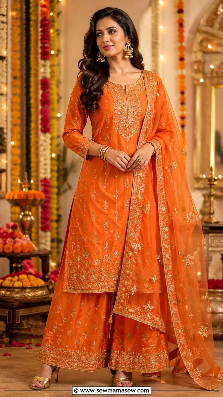 Orange Palazzo Suit With Embroidered Dupatta - 40 All orange outfit ideas