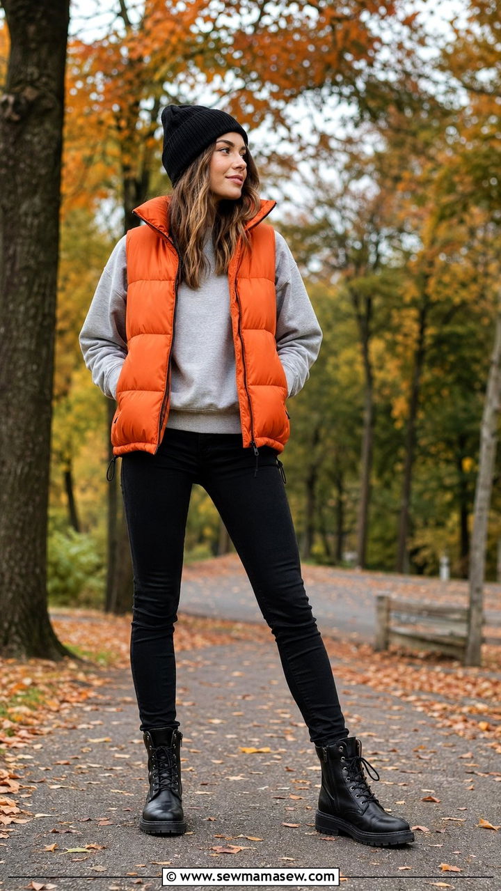 Orange Puffer Vest Layered Over a Sweatshirt - 35 Orange outfit ideas
