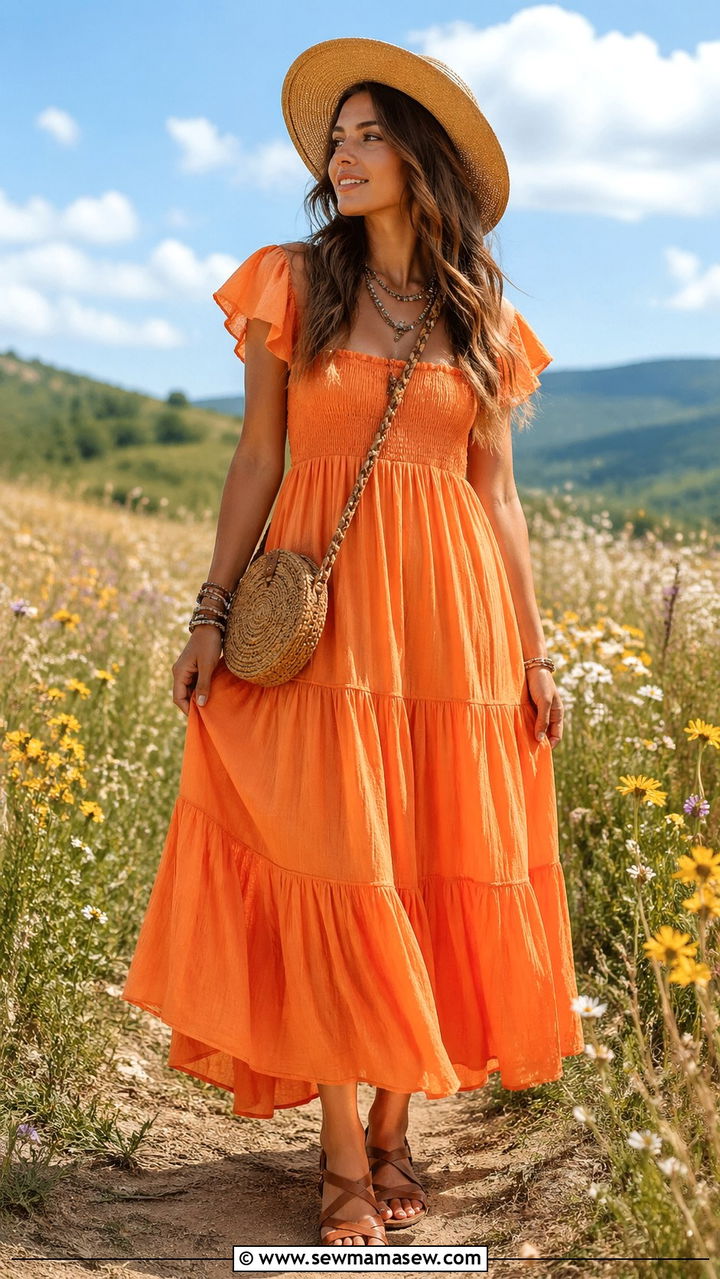 Orange Tiered Maxi Dress With Flat Sandals - 40 All orange outfit ideas